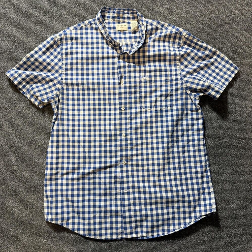 Dockers Shirt Mens Large Blue White Gingham Check Short Sleeve Button Up Casual